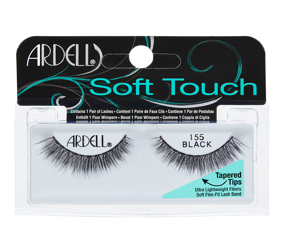 Front view of an Ardell Soft Touch 155 faux lashes set in complete retail wall hook packaging