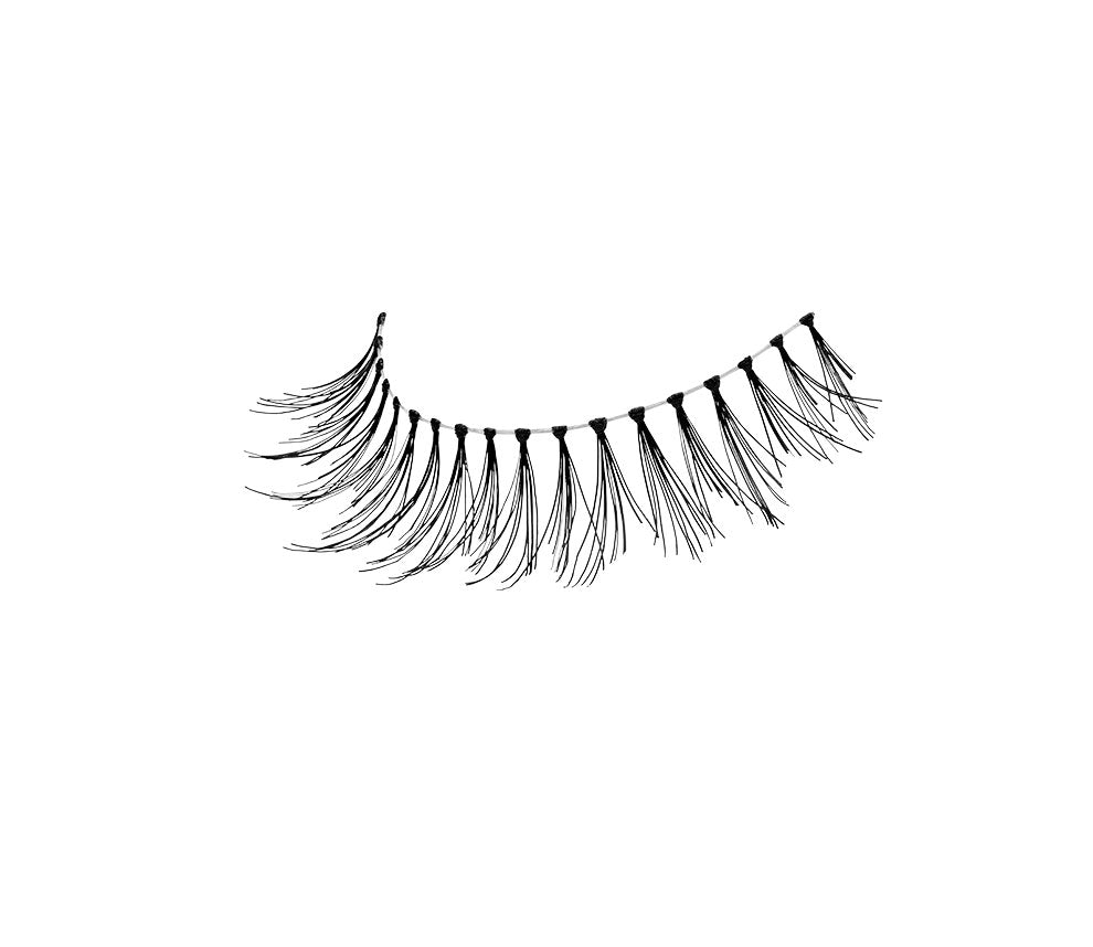 An angle shot of Ardell Wispies Clusters 602 Striplash showing its long length, flared, & winged out lash
