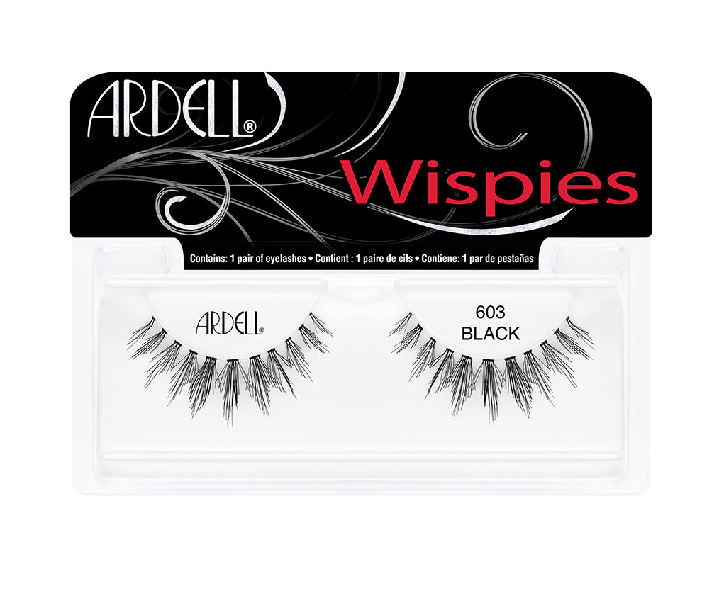 A pair of Ardell Wispies Clusters 603 Striplash  inside its retail packaging with product text

