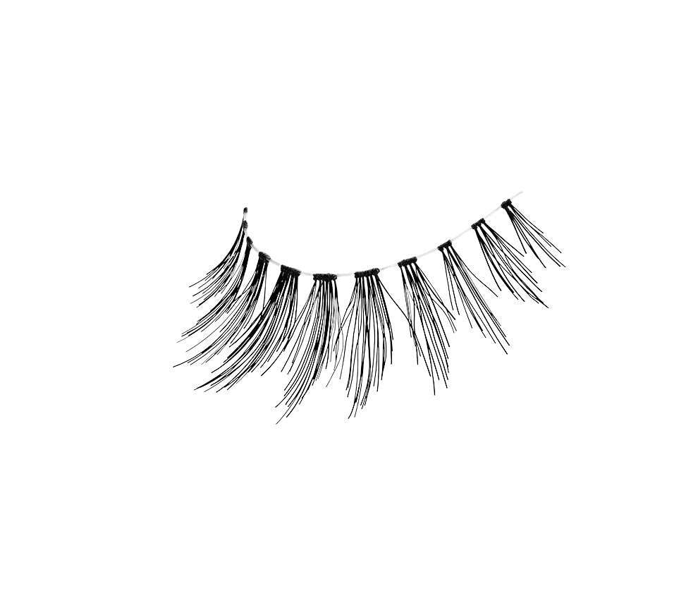 An angle shot of Ardell Wispies Clusters 603 Striplash showing its long length, flared, & winged out lash