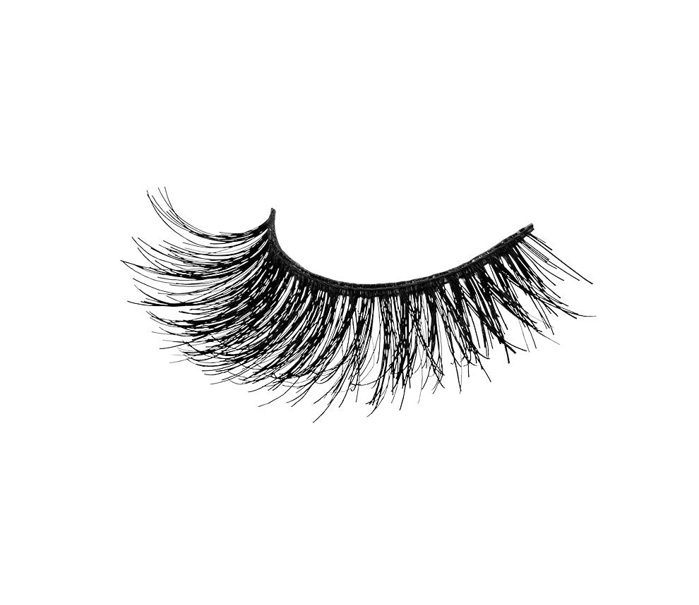 A closeup shot of Ardell Double Up Demi Wispies' right lash showing its flared and curly lash and narrower band 
