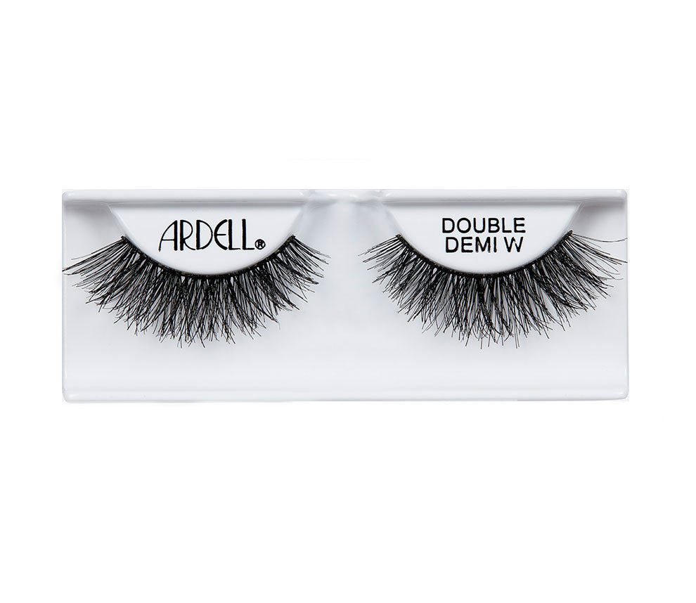 A single pair of Ardell Double Up Demi Wispies placed into its retail wall hook with some texts written on it