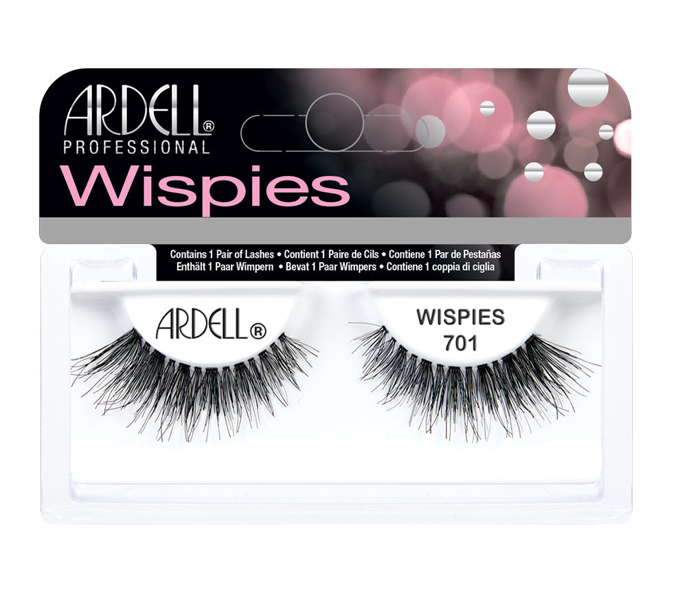 A single pair of Ardell Wispies 701 inside its wall-hook ready retail packaging with some text written on it