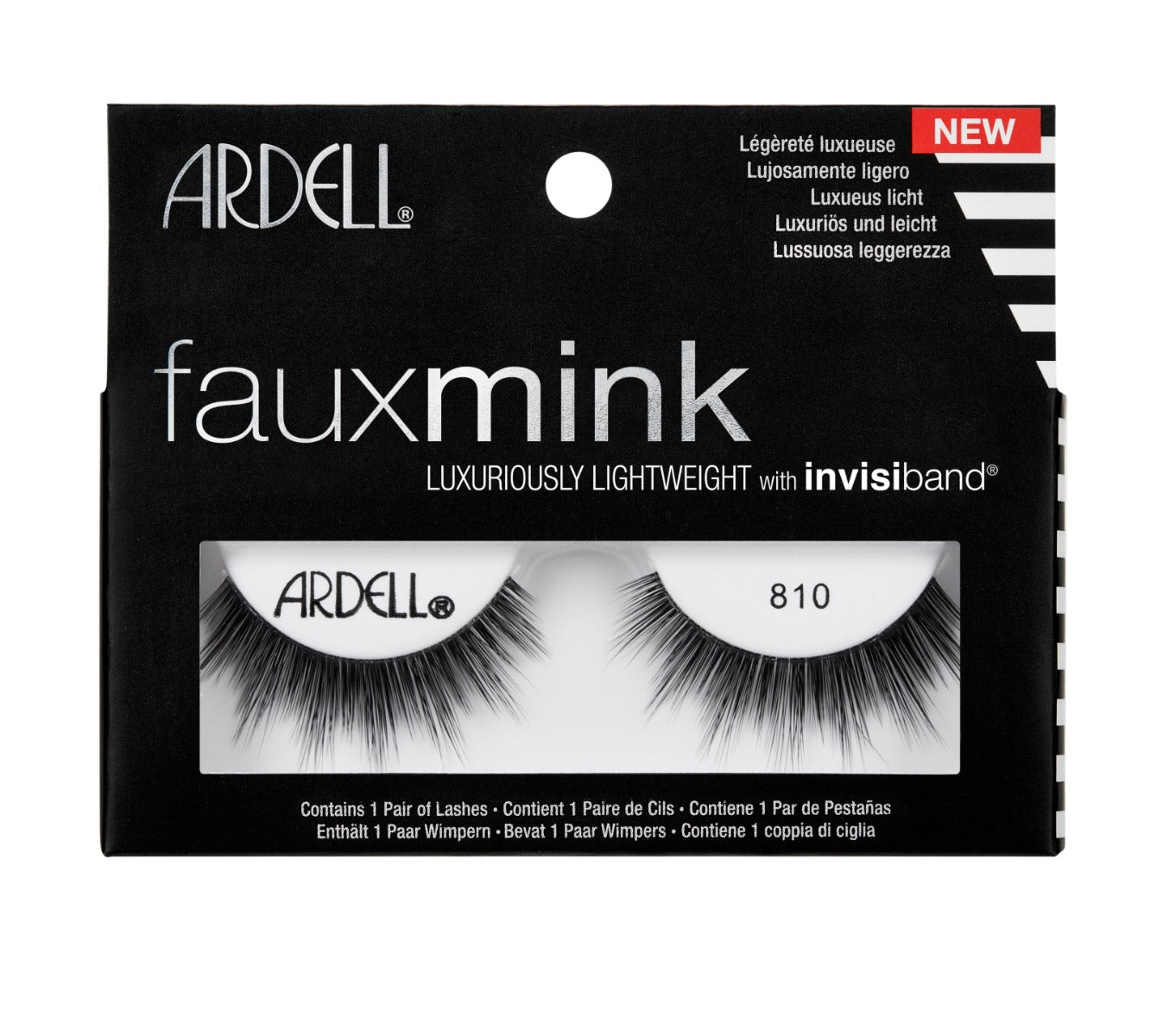 Front view of an Ardell Faux Mink 810 false lashes set in complete retail wall hook packaging
