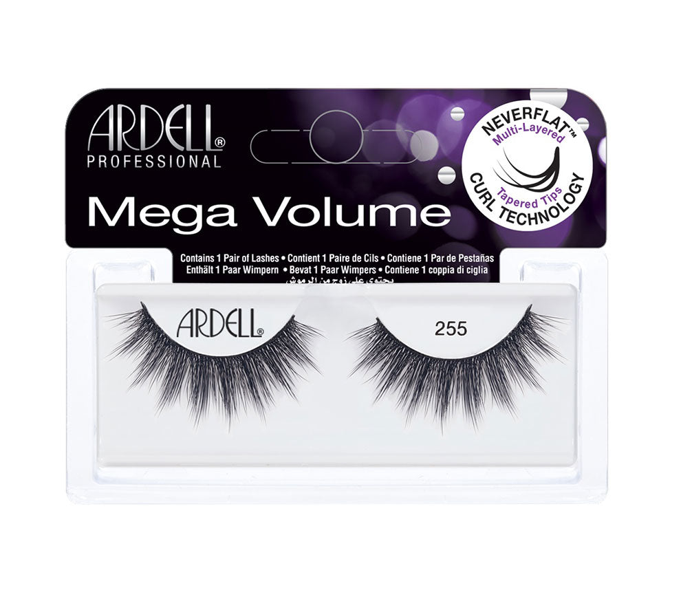 Ardell Mega Volume 255 Packaging – Multi-layered, tapered-tip lashes with NeverFlat™ curl technology.