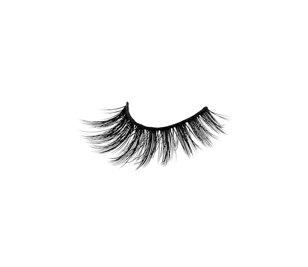 Angled shot of a single Ardell Mega Volume 253 false lash for the right eye showing fibers fanning out