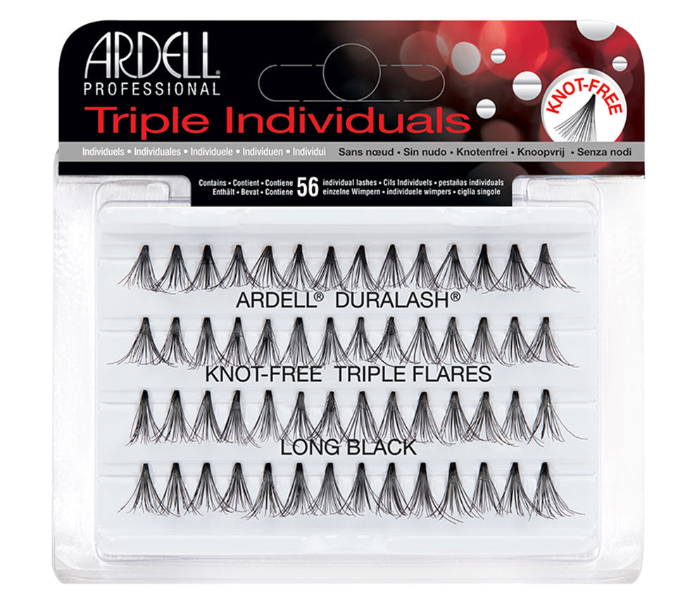 Front view of  an Ardell Knot-Free Flared Triple Lash Individuals, Long, 56- Count false lashes set in retail packaging