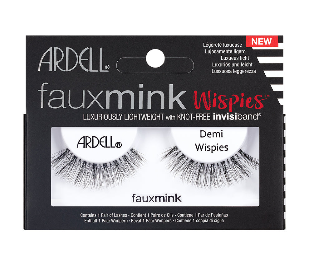 A pair of Ardell Fauxmink Demi Wispies in a single pack retail lash package with text on the box