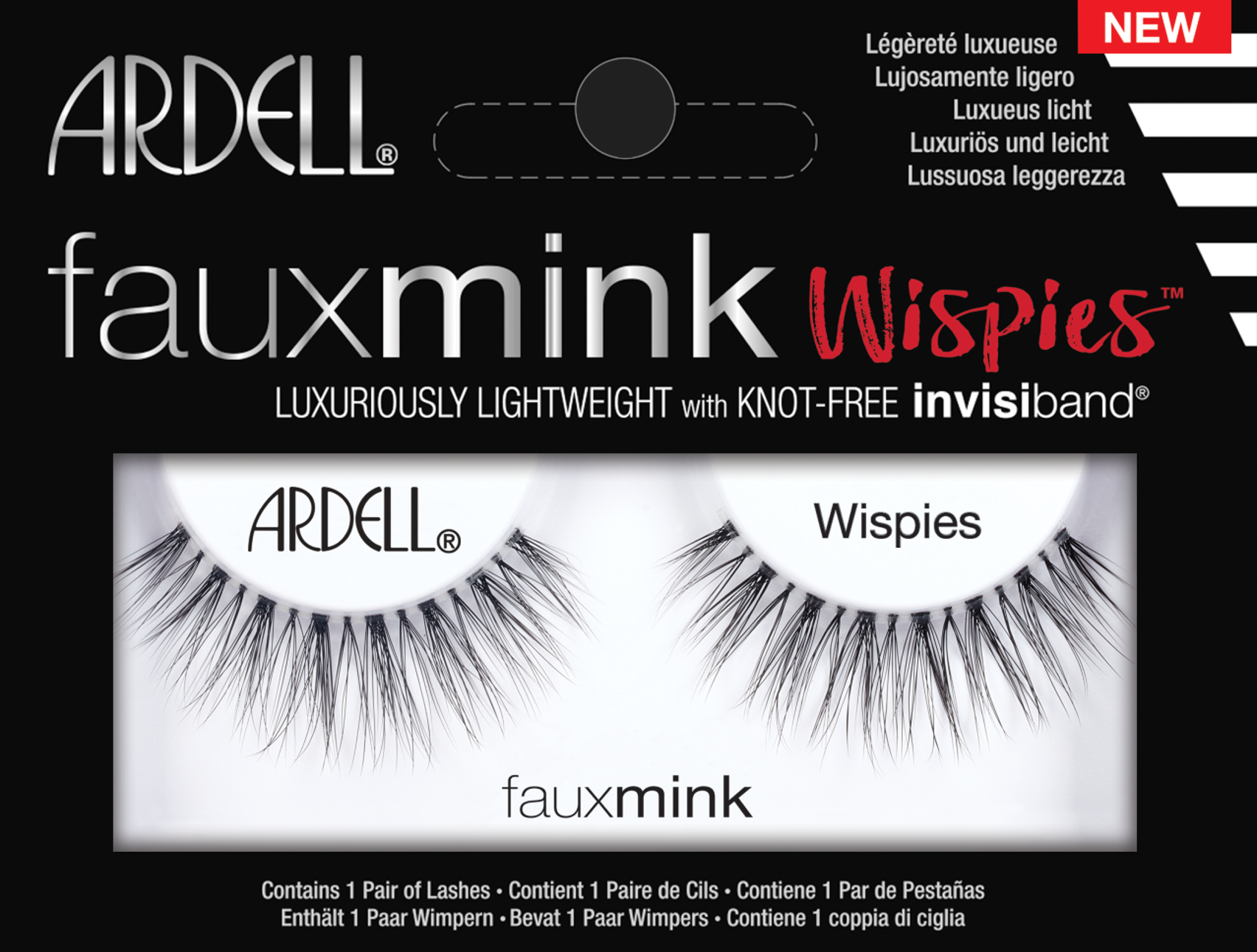 Ardell Faux Mink Wispies lashes in retail packaging, featuring Knot-Free Invisiband for a wispy, natural glam look.