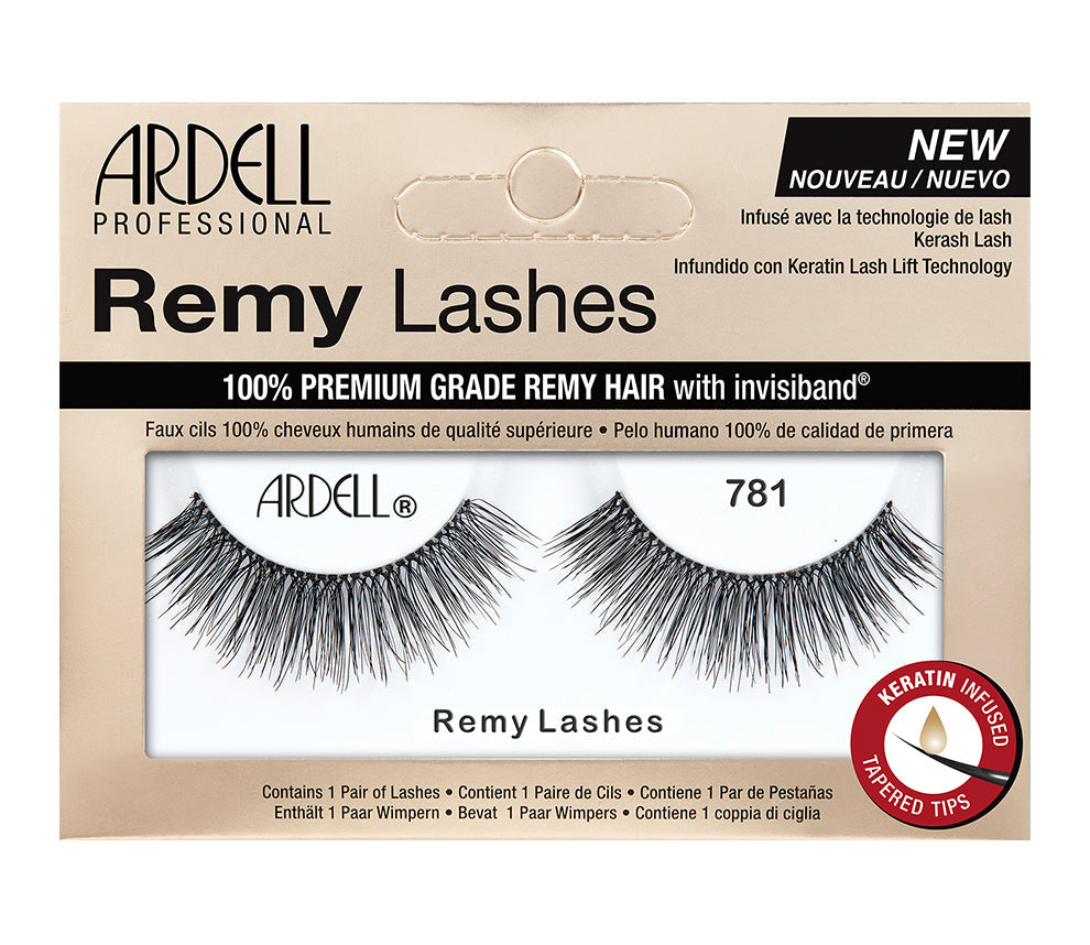 Front view of an Ardell Remy Lash 781 faux lashes set in complete retail wall hook packaging