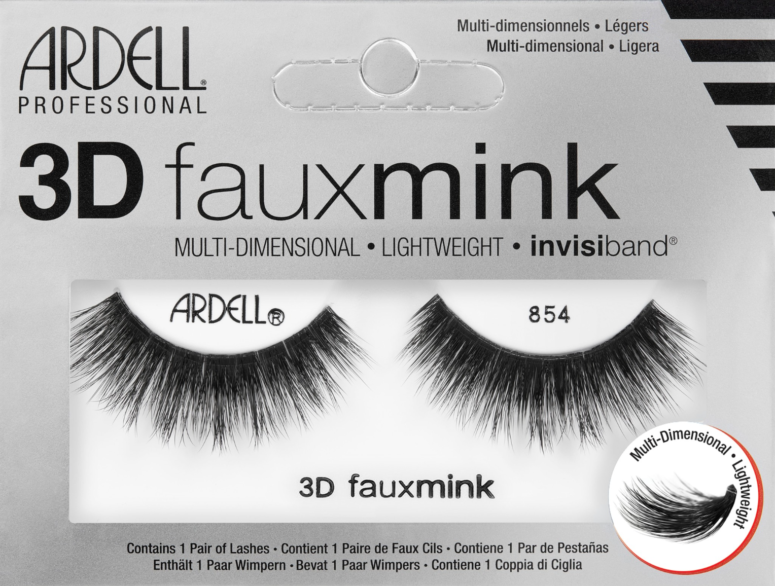 Ardell Professional 3D Faux Mink Lashes 854 with Invisiband in retail packaging, showcasing multi-dimensional volume and lightweight feel.