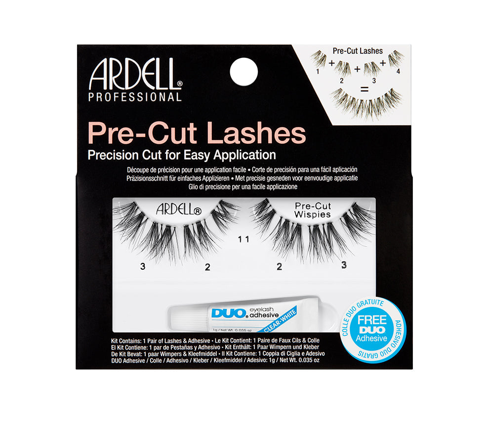 A single set of Ardell Pre-Cut Wispies in retail wall hook packaging with texts on the package. 