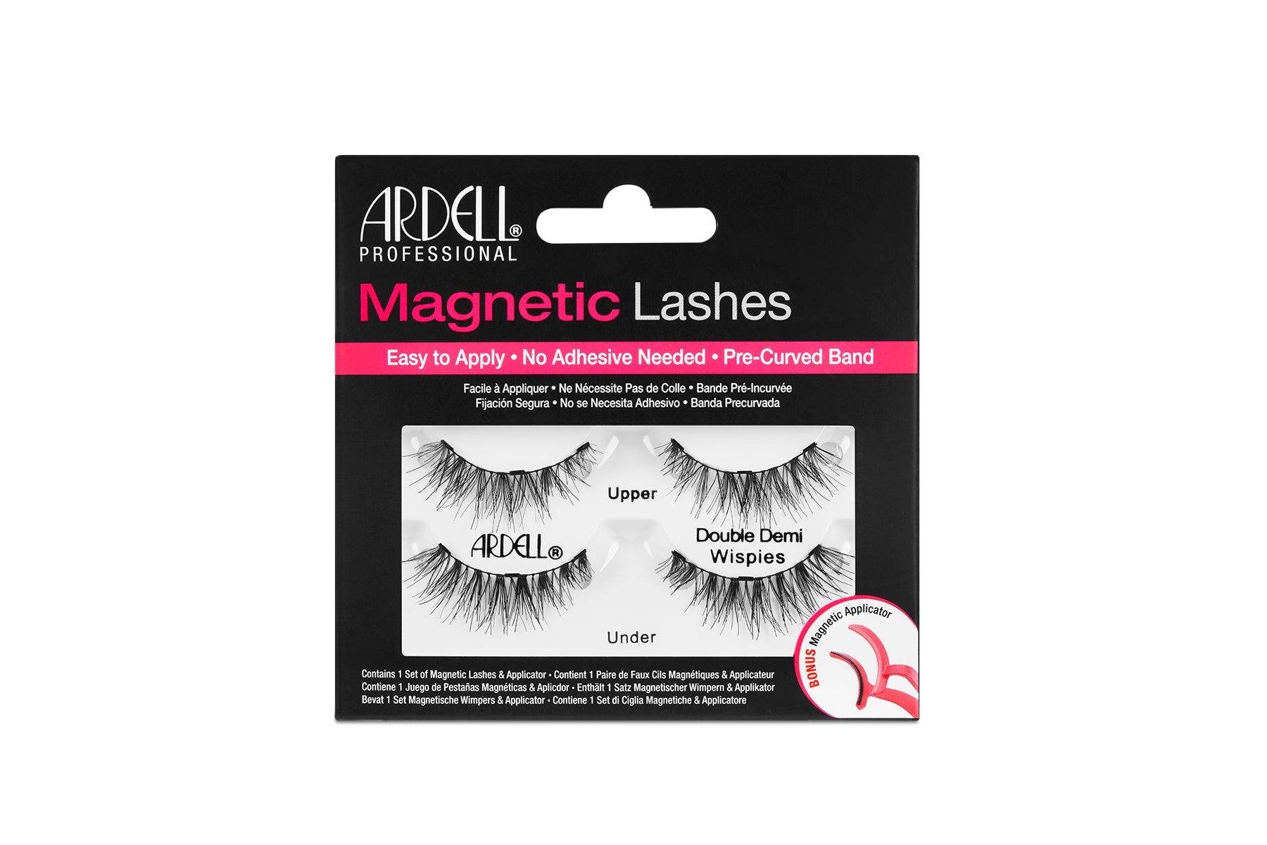 Ardell Magnetic Lashes Double Demi Wispies with pre-curved band and bonus applicator.