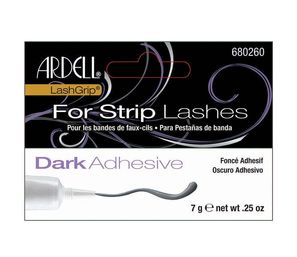 Front-facing of  Ardell Lashgrip Strip Adhesive Dark 0.25 oz retail wall-hook ready packaging