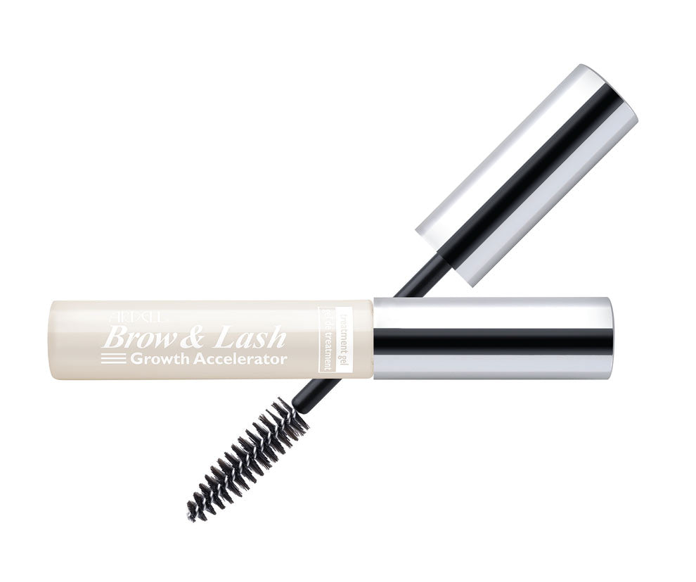 Capped bottle of Ardell Brow & Lash Accelerator laid on its side with brush cap featured on background