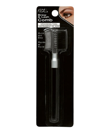 A sealed front view of Ardell Brow and Lash Comb in wall hook ready packaging with labeled details
