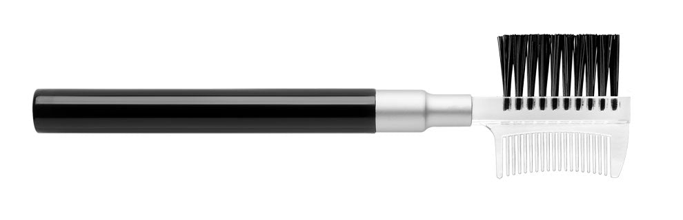 Ardell Brow & Lash Comb laid horizontally showing brow brush facing upward and comb facing the opposite way