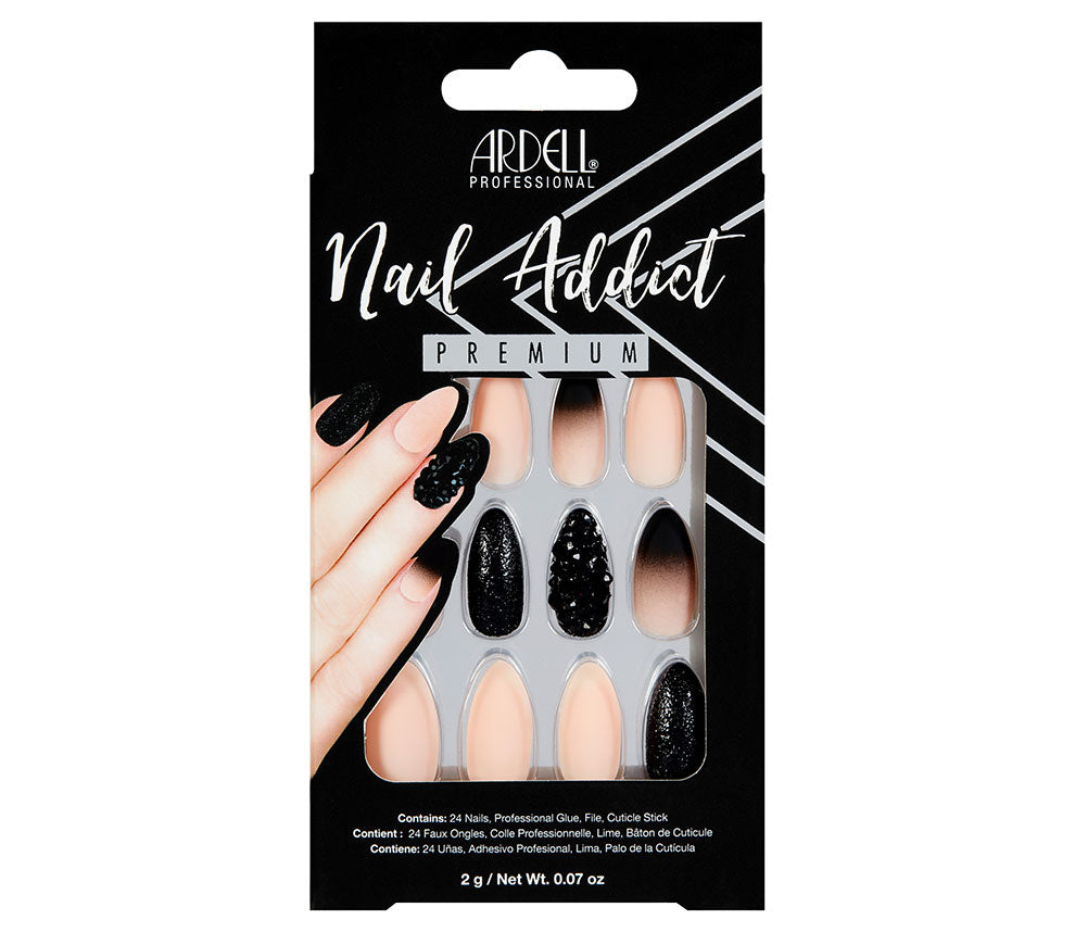 Front view of 2g Ardell Nail Addict black and pink with Studs in packaging