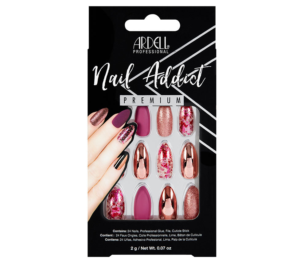 A front view of Ardell Nail Addict Artificial Nail in Chrome Pink Foil color in packaging