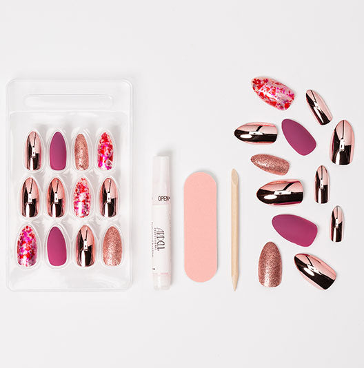 laid down separately a complete artificial nails set & tools of Ardell Nail Addict Artificial Nail - Chrome Pink Foil variant