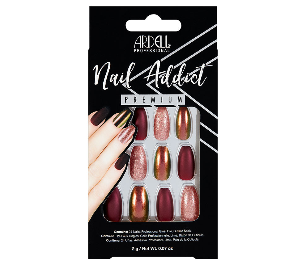 Front view of Ardell Nail Addict Artificial Nail Red Cateye design in packaging