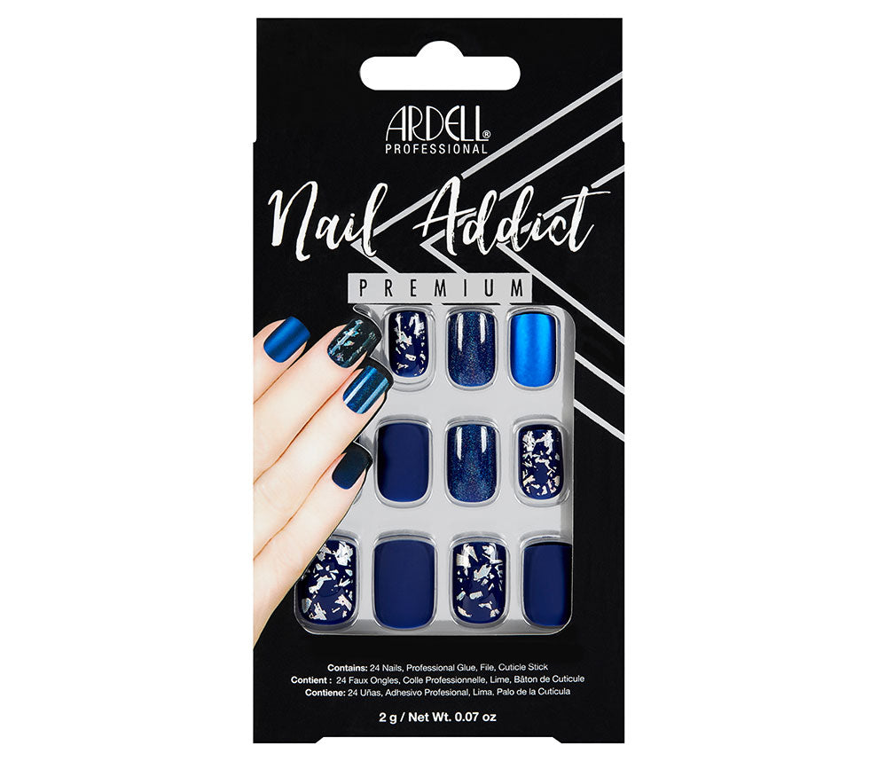 A front view of Ardell Nail Addict Artificial Nail - Matte Blue color in packaging