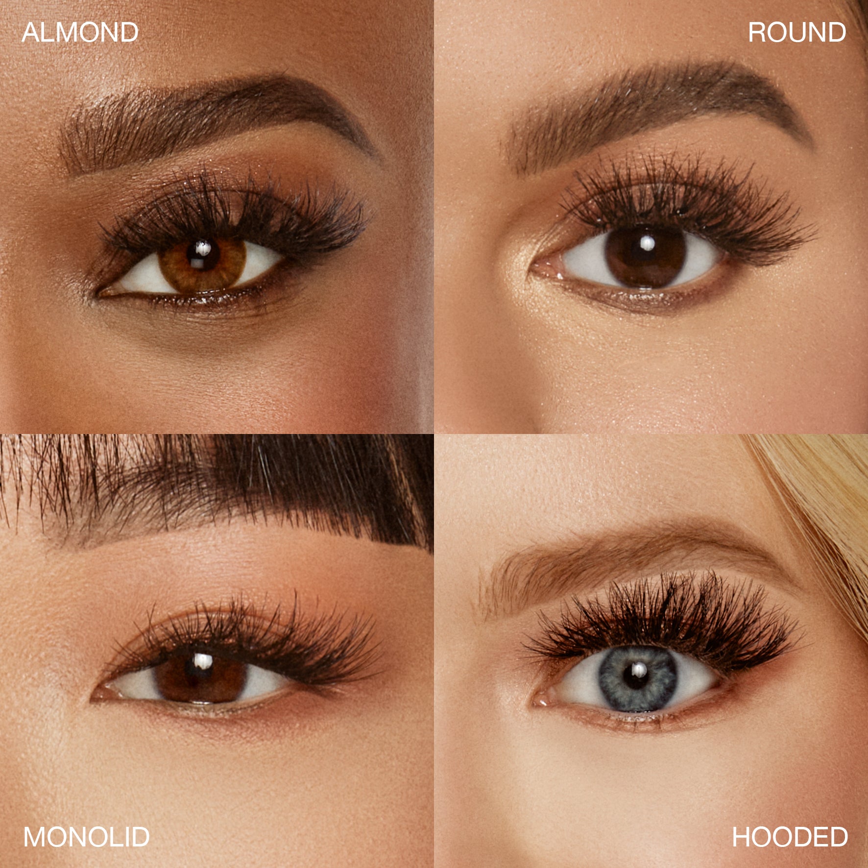 Close-up lash style comparison on four different eye shapes: almond, round, monolid, and hooded eyes