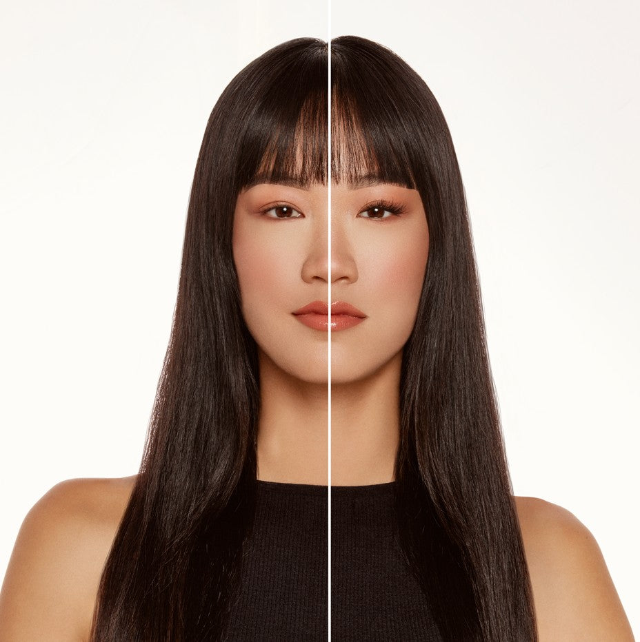 Asian woman showing lash transformation from natural to full lashes using Ardell extensions