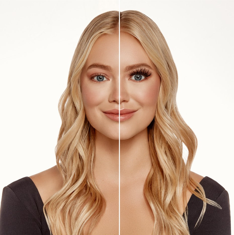Blonde woman showing side-by-side comparison of natural lashes versus Ardell lash extensions applied