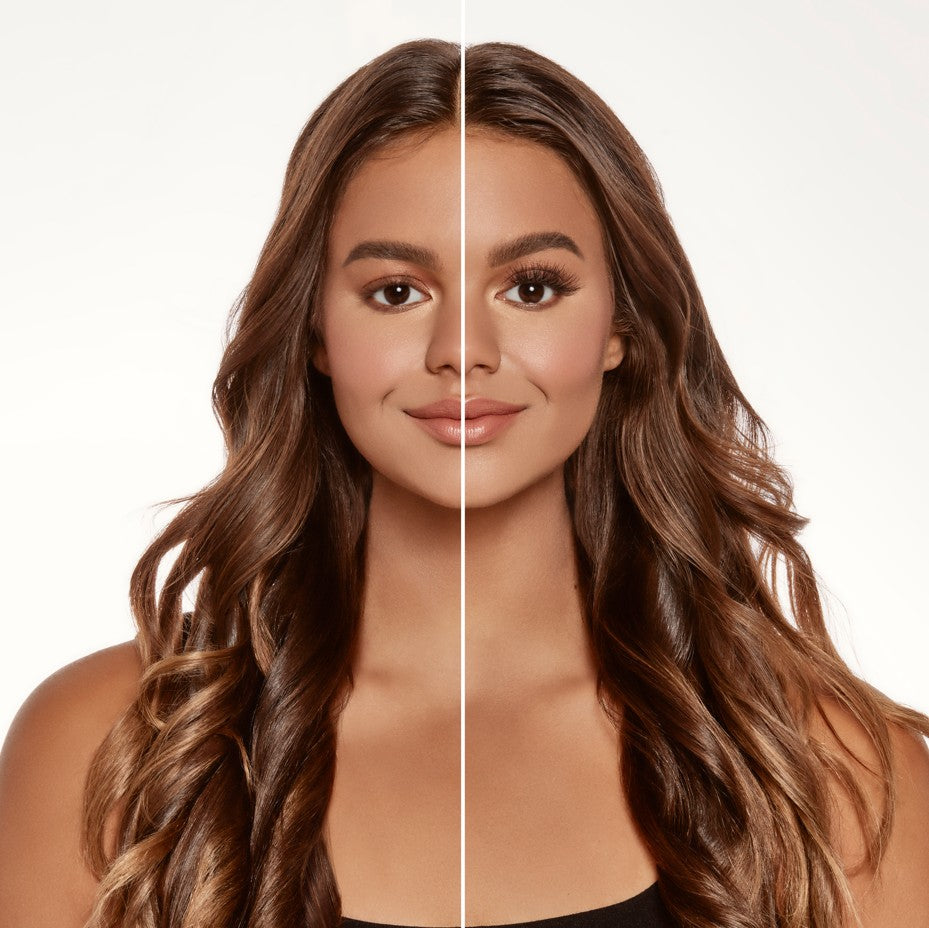Brunette woman with side-by-side comparison of no lashes versus Ardell lash extensions on right eye