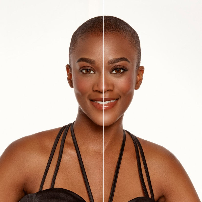 Black woman with a half-face before and after lash application showcasing Ardell trios