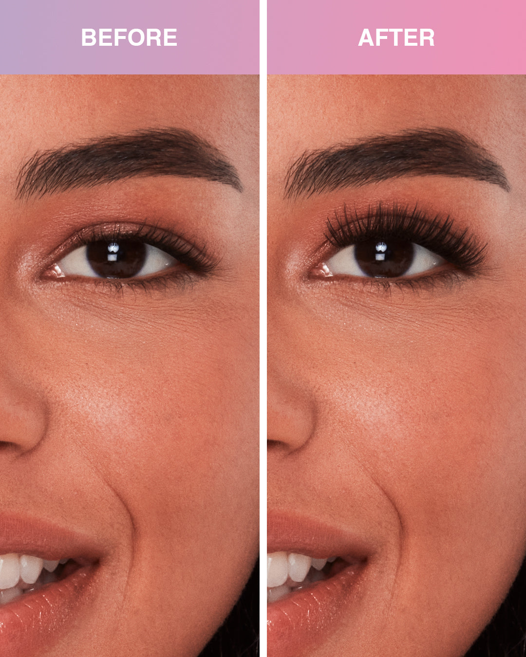 Before and after of Press On Naked Soft Volume eyelashes on Model with Hooded shaped eyes 