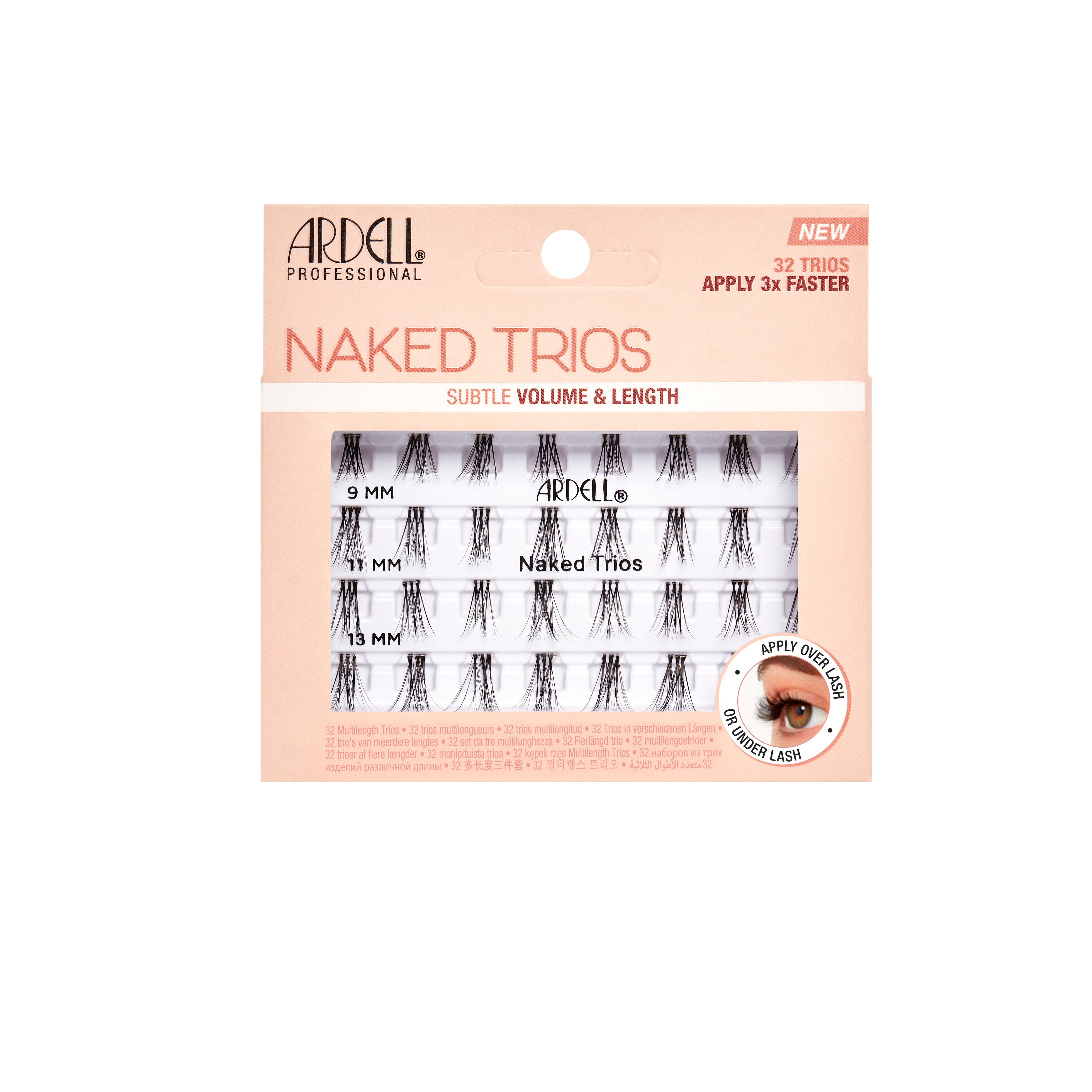 Ardell Naked Trios lash pack with 32 trio lashes in 9mm, 11mm, and 13mm for fast and easy application