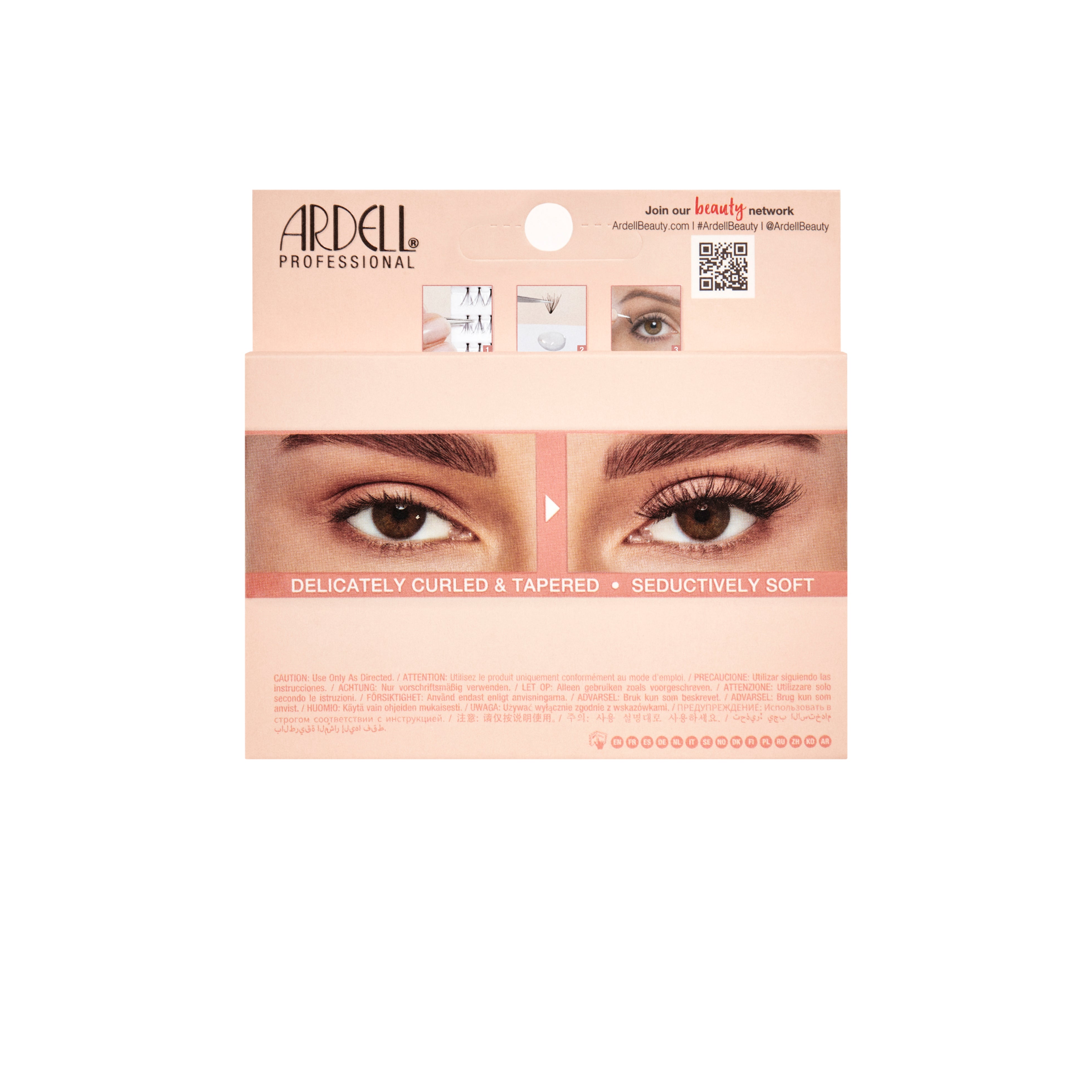 Back of Ardell Naked Extensions packaging showing before and after lash results and application steps