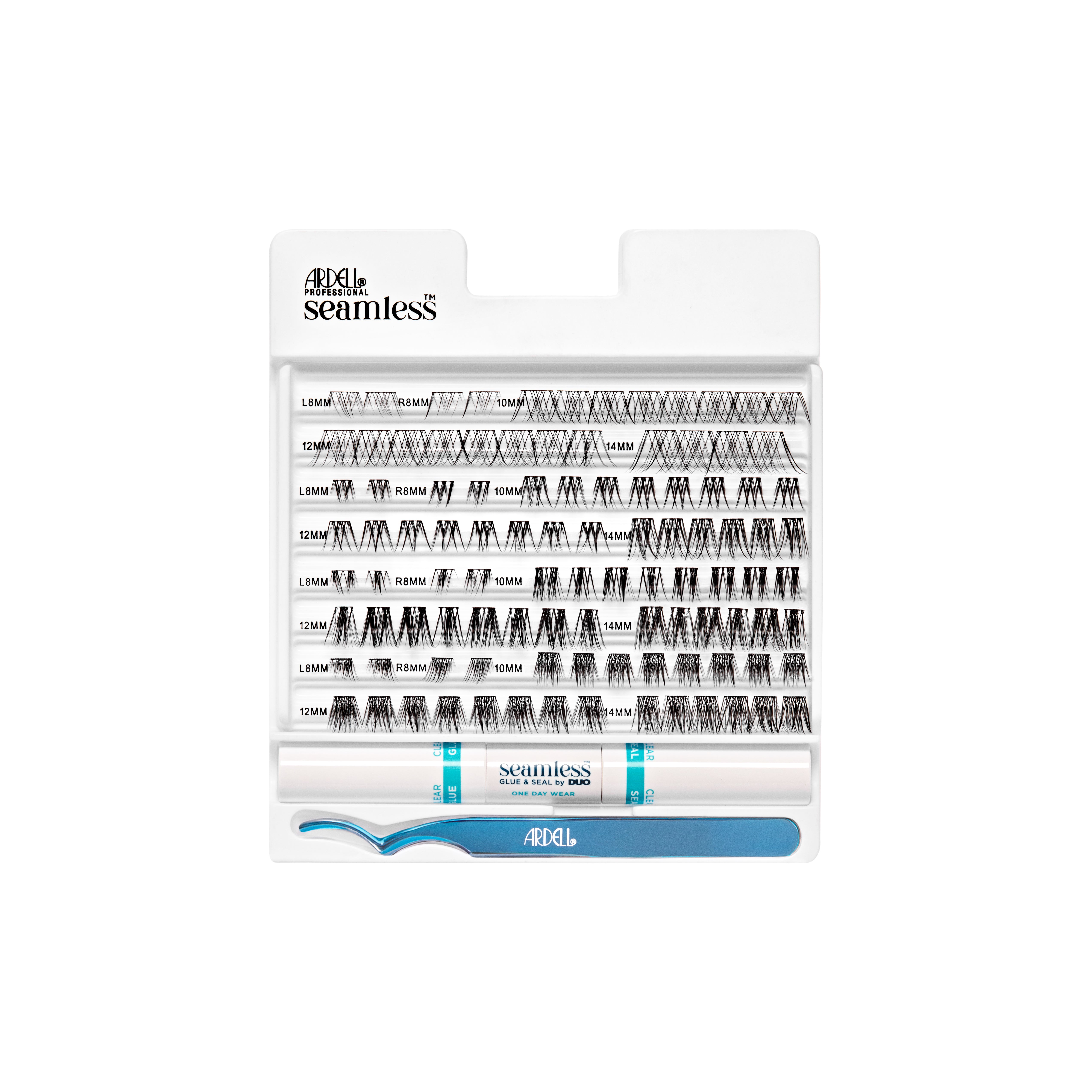 Ardell Seamless Underlash Extensions MUA Kit open tray view with lashes, clear glue, and blue lash applicator.