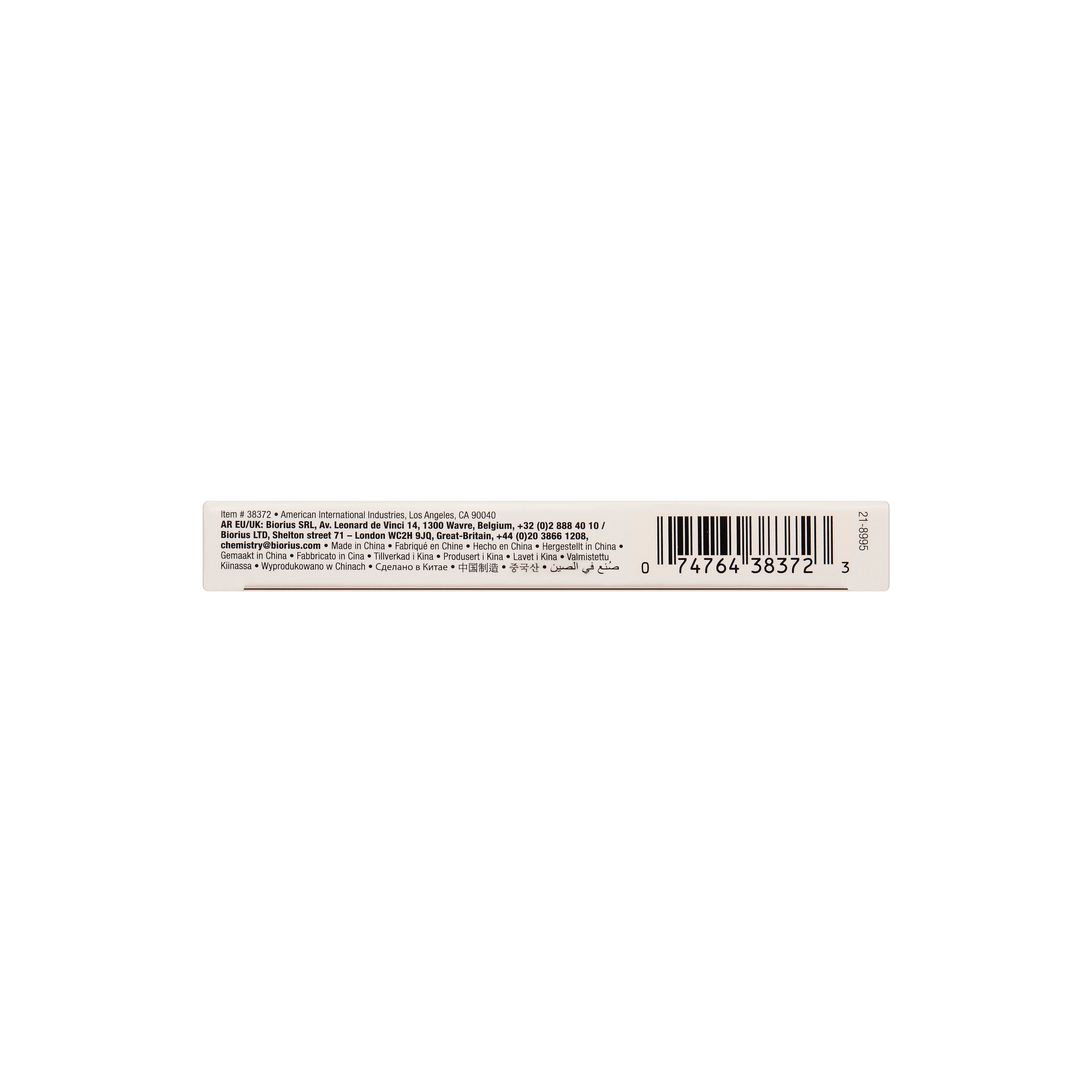 Product label with a barcode on a white background