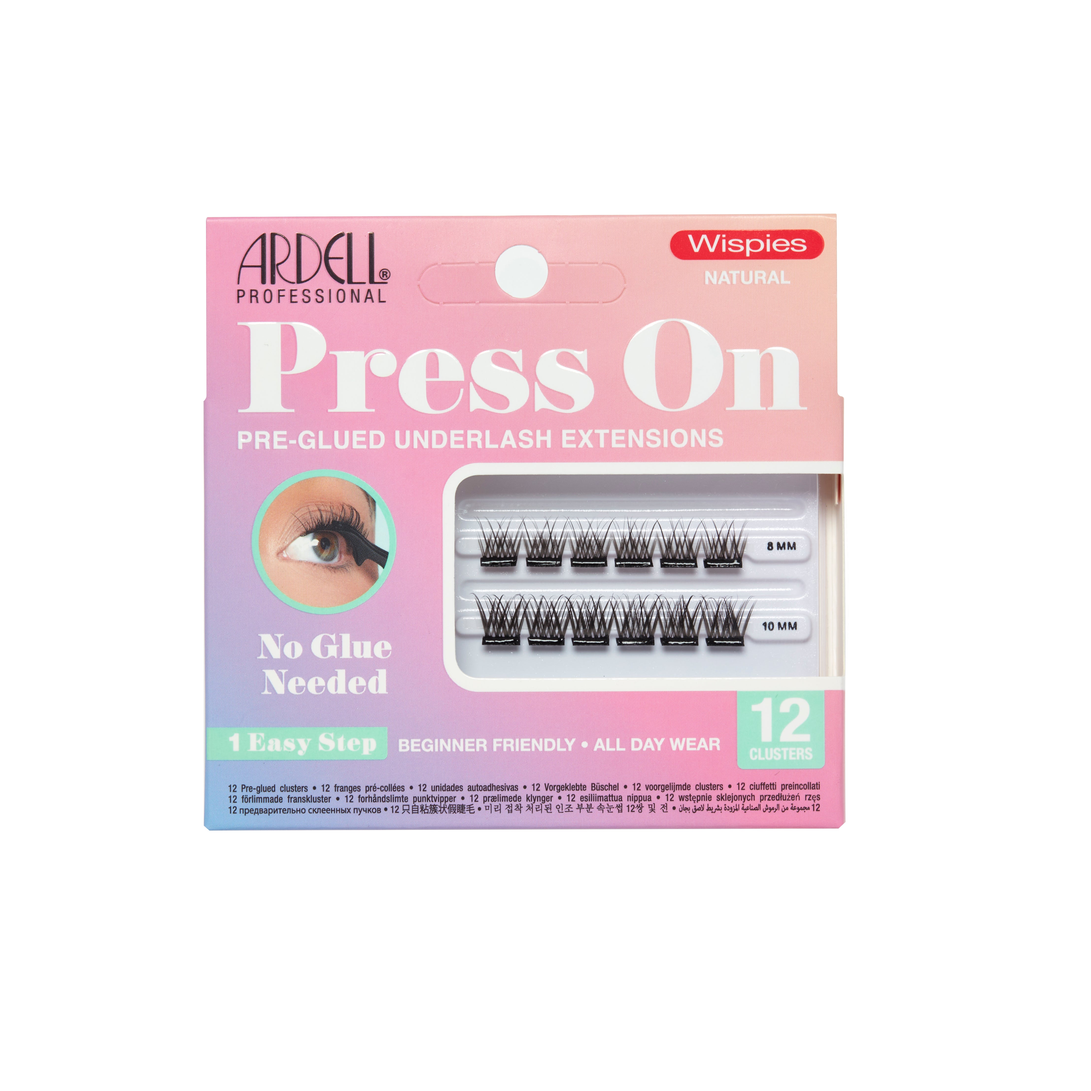 Front of Ardell Press-On Wispies Natural 12pc Mini Pack featuring classic crisscross lashes in a compact set.