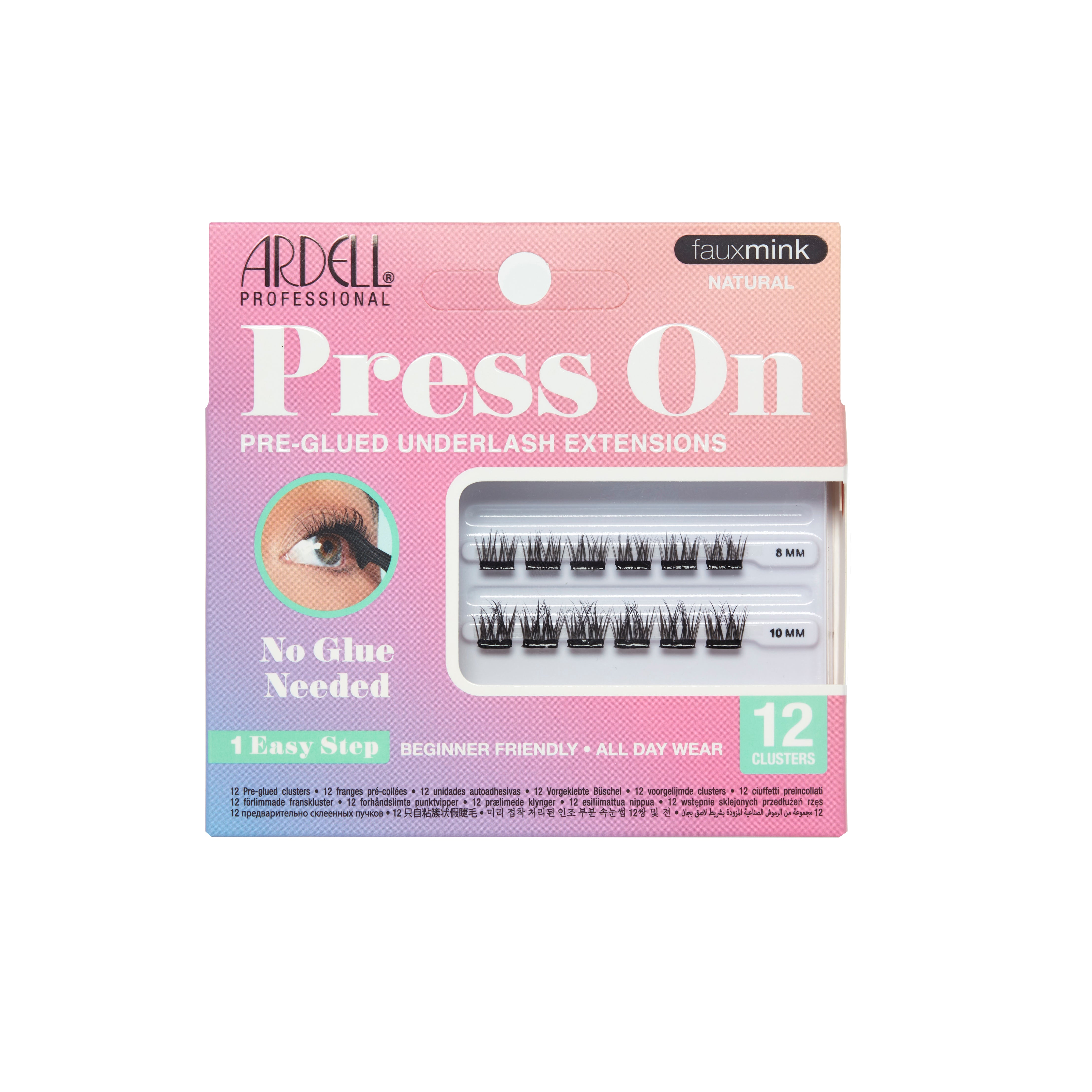 Front of Ardell Press-On Faux Mink Natural 12pc Mini Pack featuring soft, pre-glued lashes for daily wear.