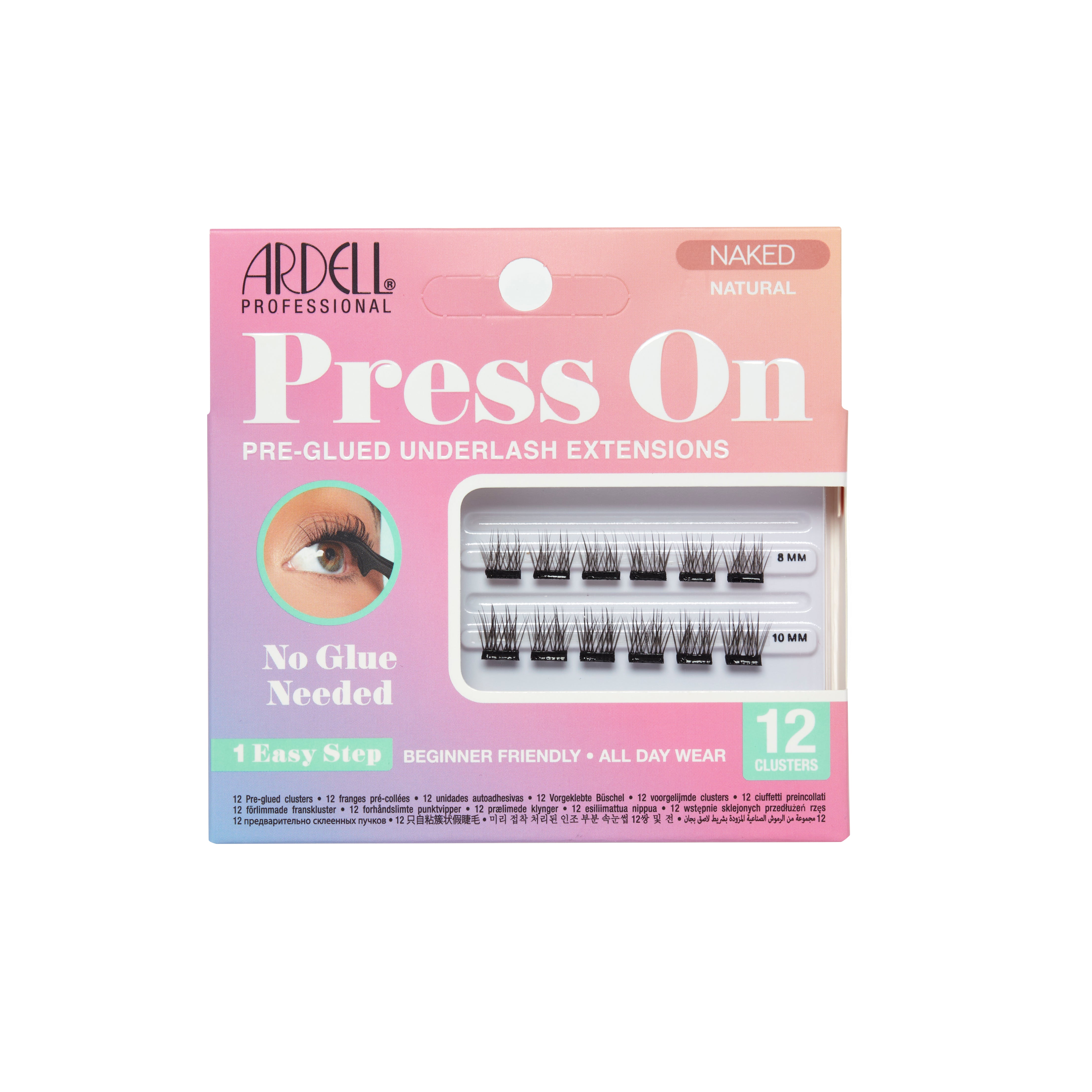 Front of Ardell Press-On Naked Natural 12pc Mini Pack, featuring pre-glued lashes for soft, everyday wear.