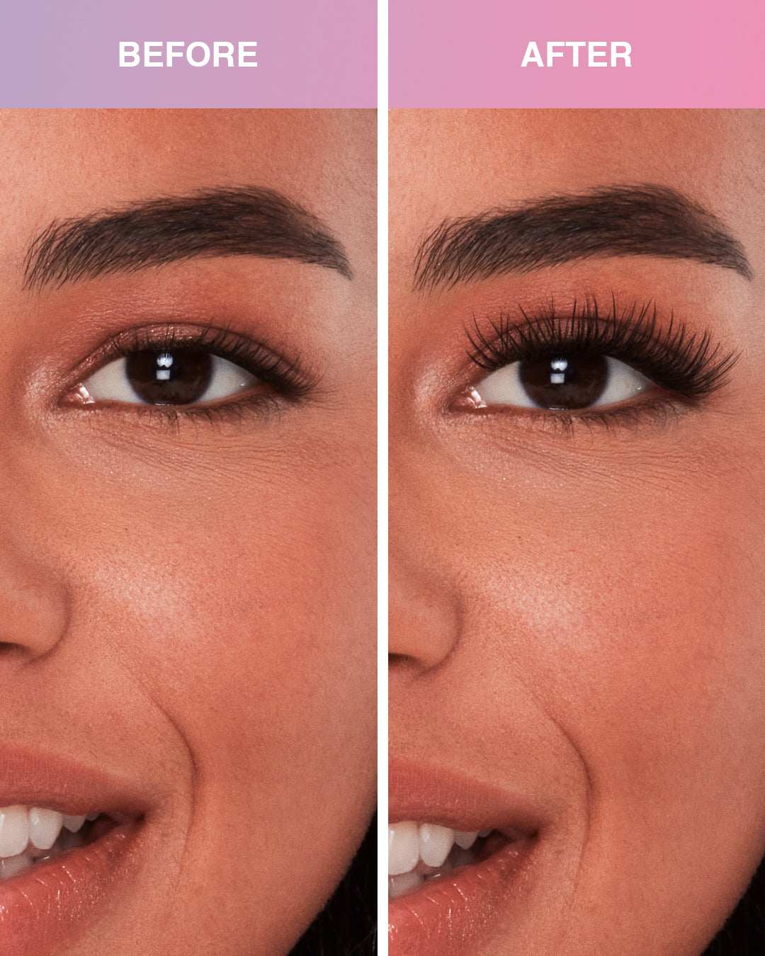 Before and after Press On Pre-Glued Underlash Extensions Wispies Natural on Model with Hooded shaped eyes 
