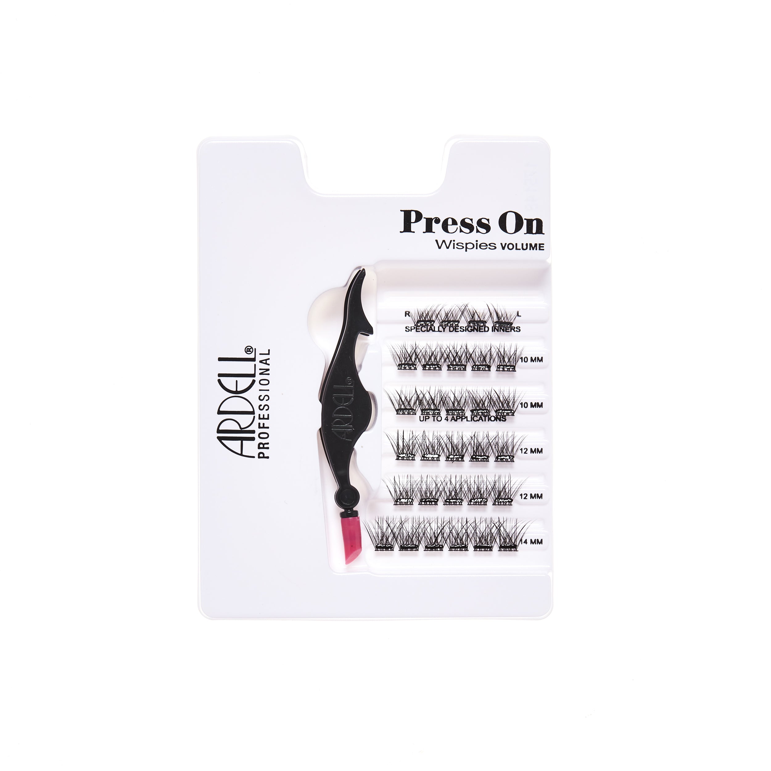 Tray of Ardell Press-On Wispies Volume Lashes, pre-glued and ready to apply lash segments.