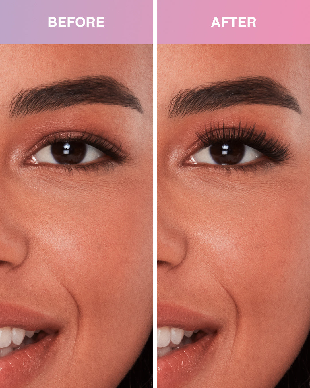 Before and after comparison model using Press On Pre-Glued Underlash
 Extensions Wispies on Hooded eyes