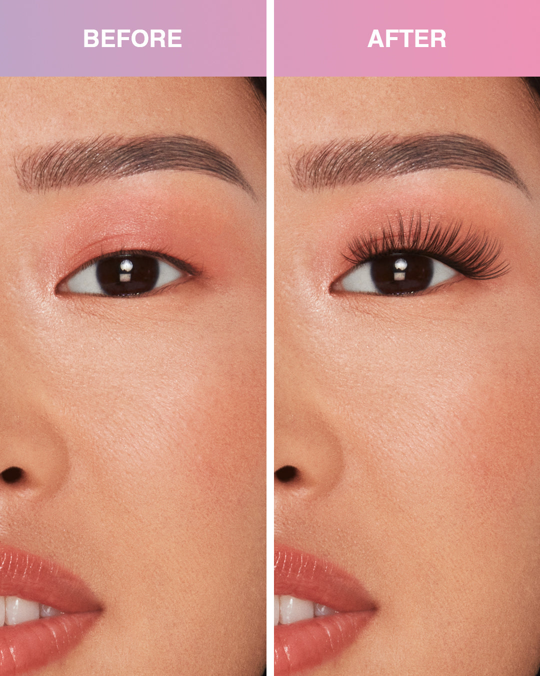 Before and after comparison model using Press On Pre-Glued Underlash
 Extensions Wispies on Monolid eyes 
