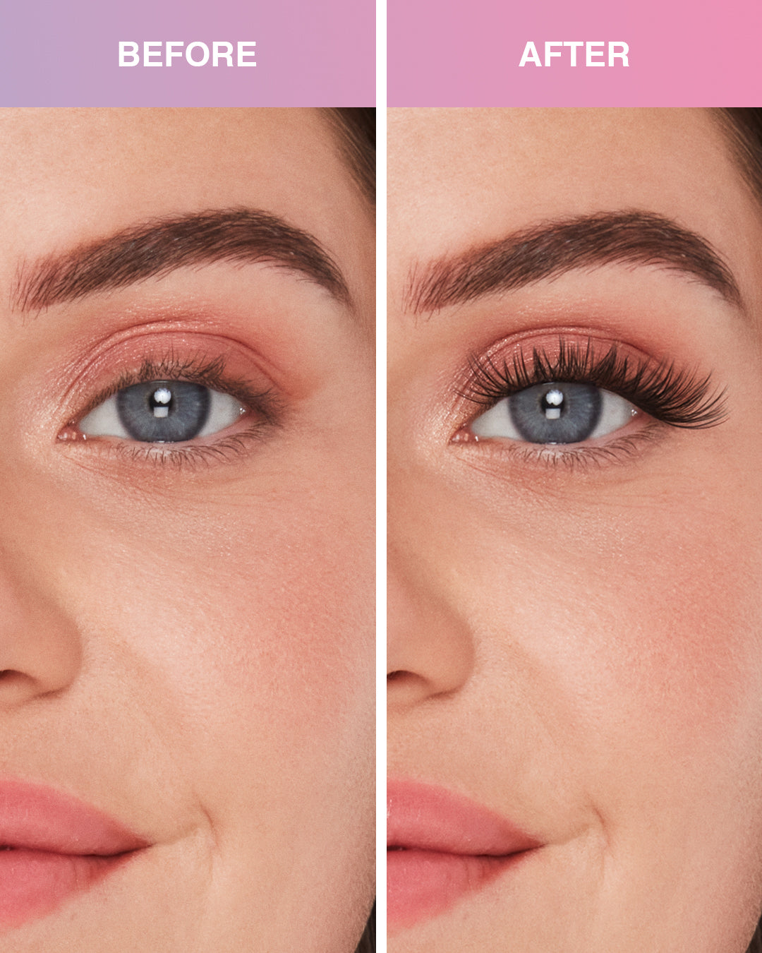 Before and after comparison model using Press On Pre-Glued Underlash
 Extensions Wispies on Round eyes