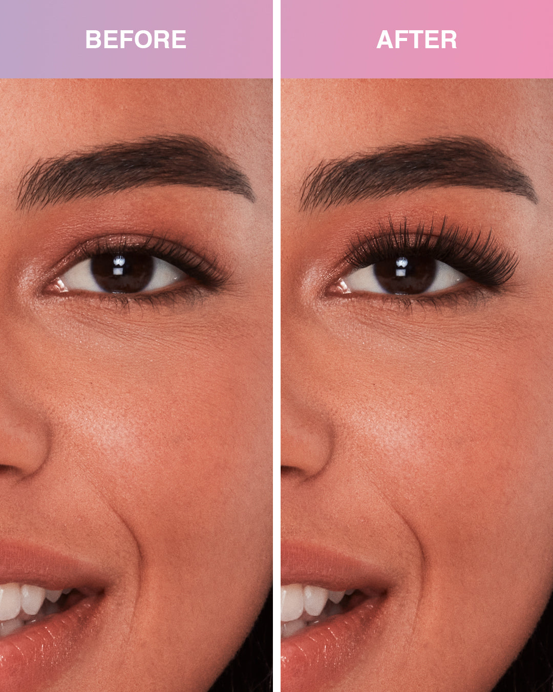 Before and after comparison model using Press On Pre-Glued Underlash Extensions Fauxmink Natural on Hooded eyes  
