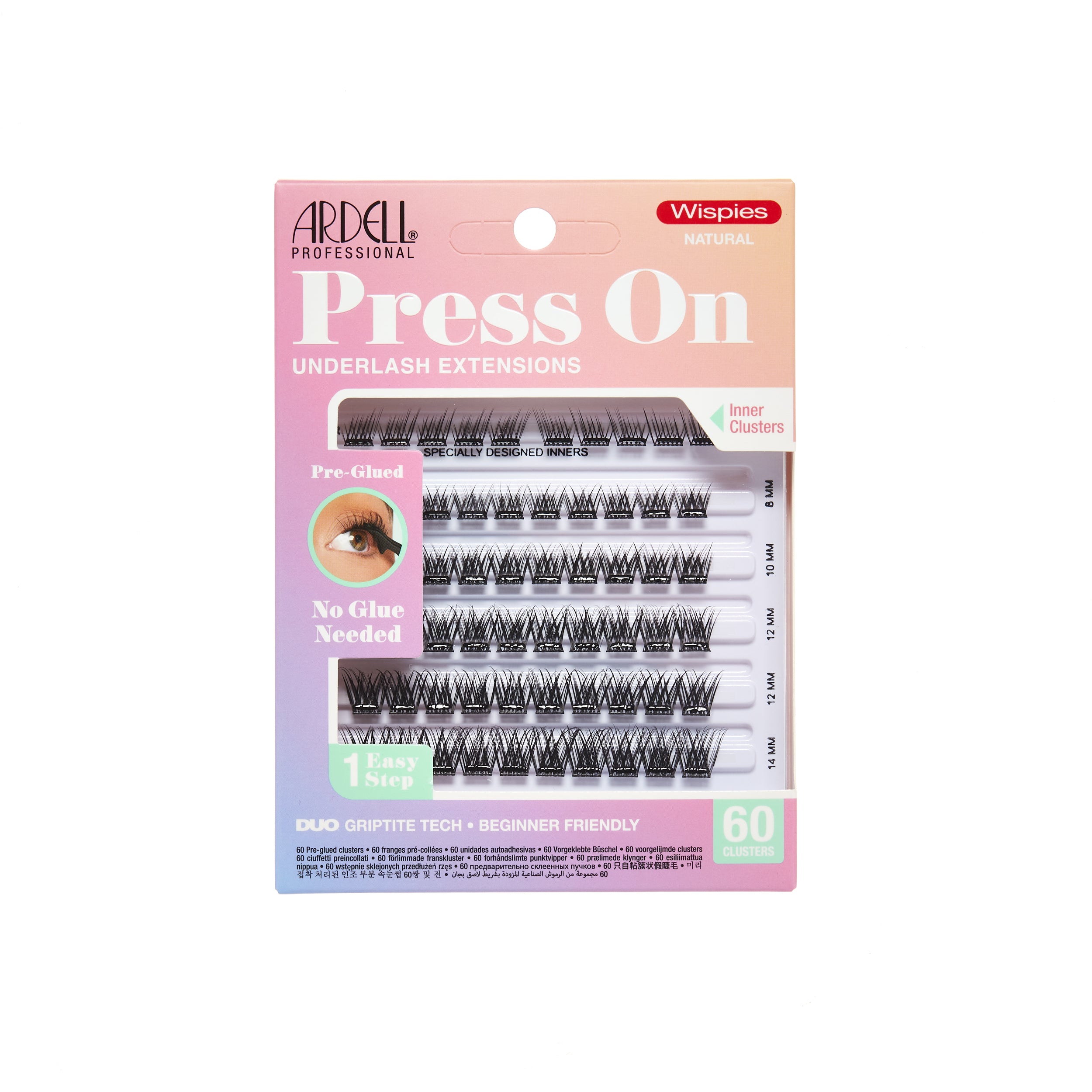 Front packaging of Press On Pre-Glued Underlash Extensions Wispies Natural