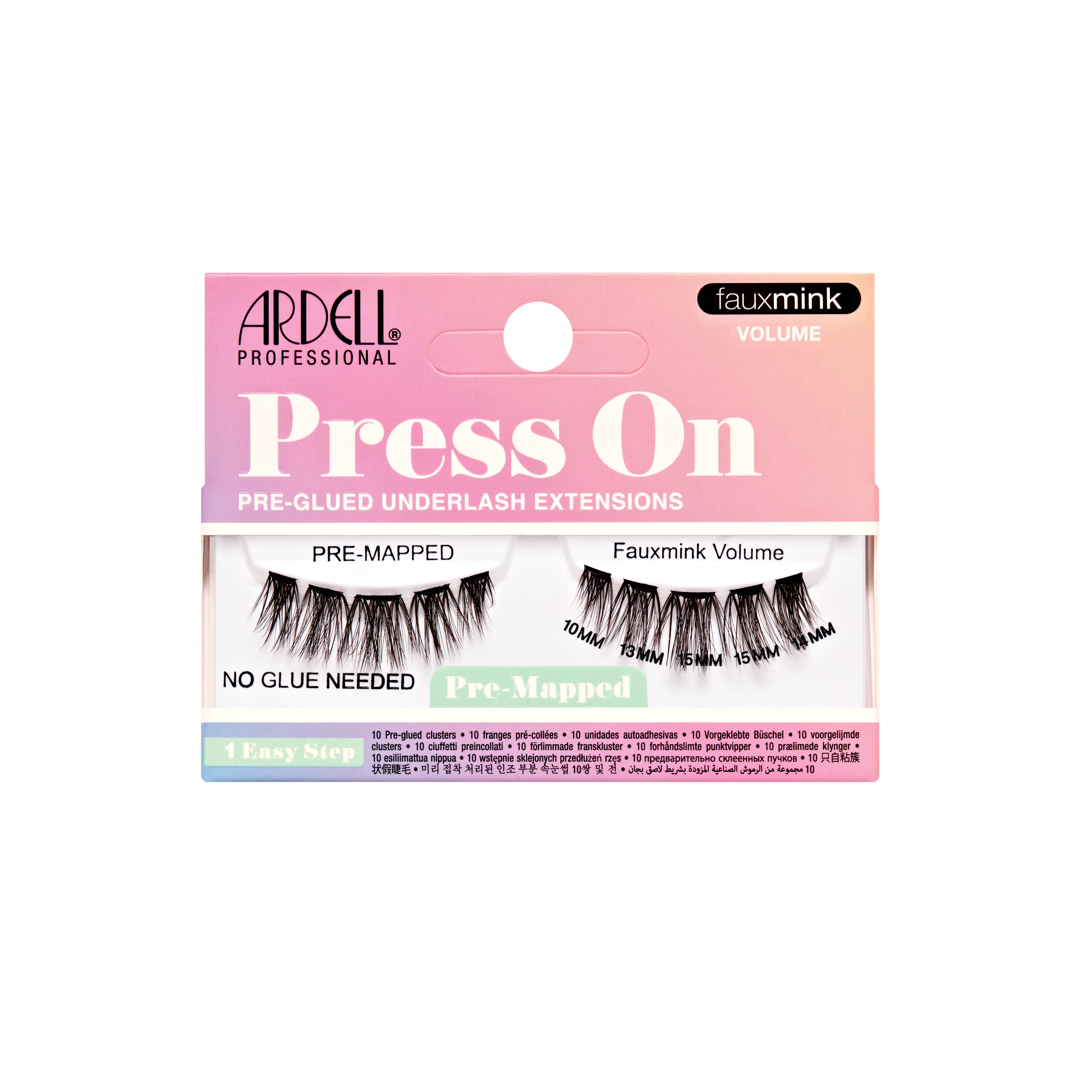Front of Ardell Press On Lashes Fauxmink Volume style with pre-mapped, pre-glued clusters for full lash enhancement.