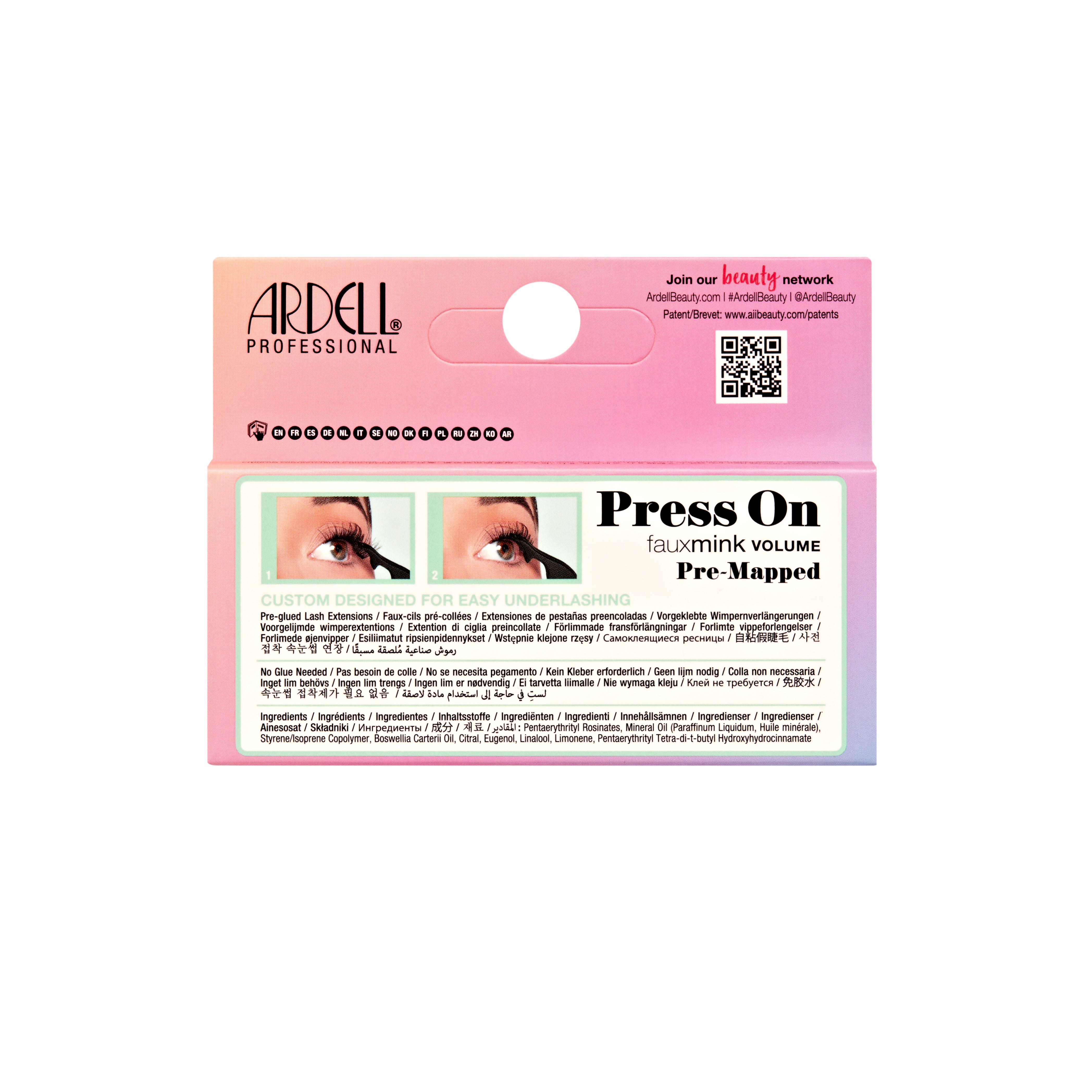 Back packaging of Ardell Fauxmink Volume Press On Lashes with product details and application instructions.