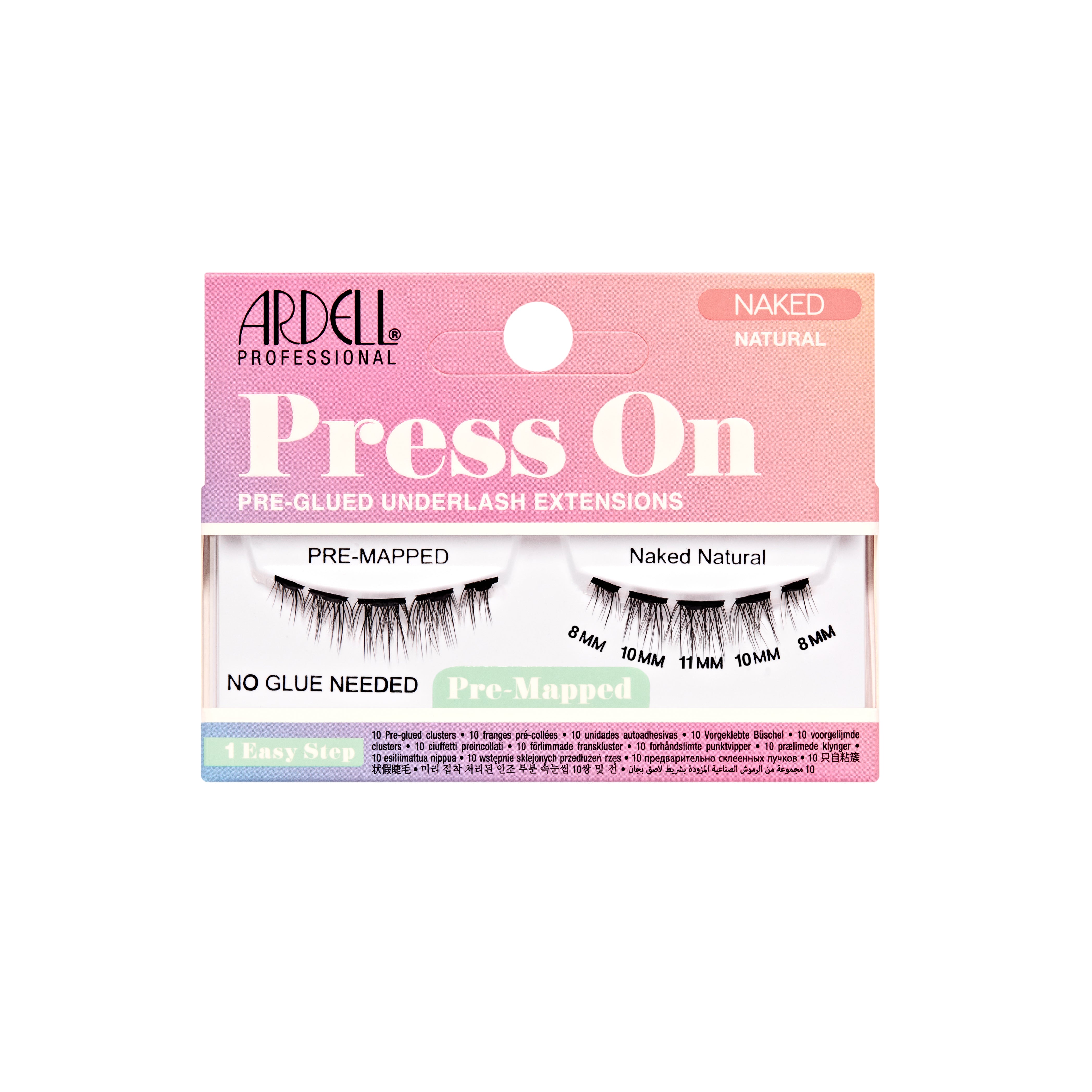 Ardell Press On Pre-Glued Underlash Extensions in Naked Natural style for easy application with no additional glue needed.