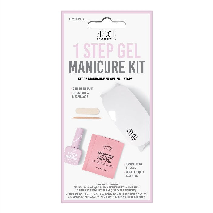 Ardell 1-Step Gel Starter Kit Flower Petal – Front of soft pink-toned DIY gel manicure set.